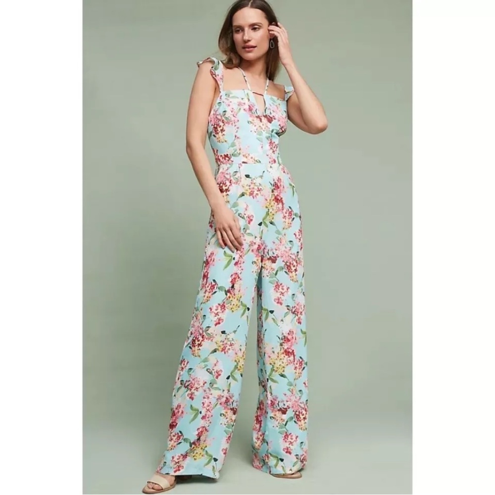 Anthropologie ADELYN RAE Floral Flutter Jumpsuit Ruffle Summer Vacation Large